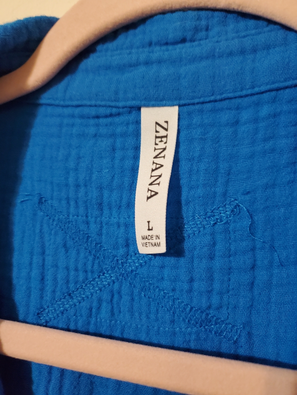 Textured Raw Edge Blue Button-Front Gauze Shirt Oversized Beach Cover Up - Picture 4 of 7